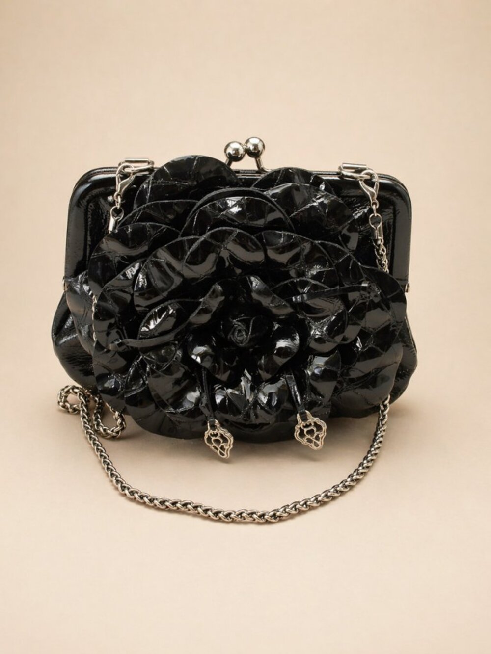 Vintage Brighton Black Patent Rosette Kiss-Lock Mini Clutch w/ Chain Crossbody
